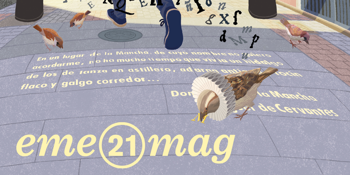 En la portada de abril, Gonzalo Izquierdo refleja el espíritu de Cervantes sembrando la calle del Barrio de las Letras con la tipografía de sus obras